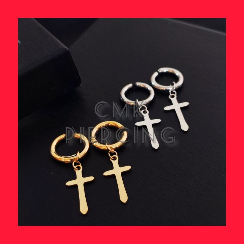 1pcs Anting Salib Hoop Jepit Tanpa Tindik Pria Dan Wanita Ala Korea