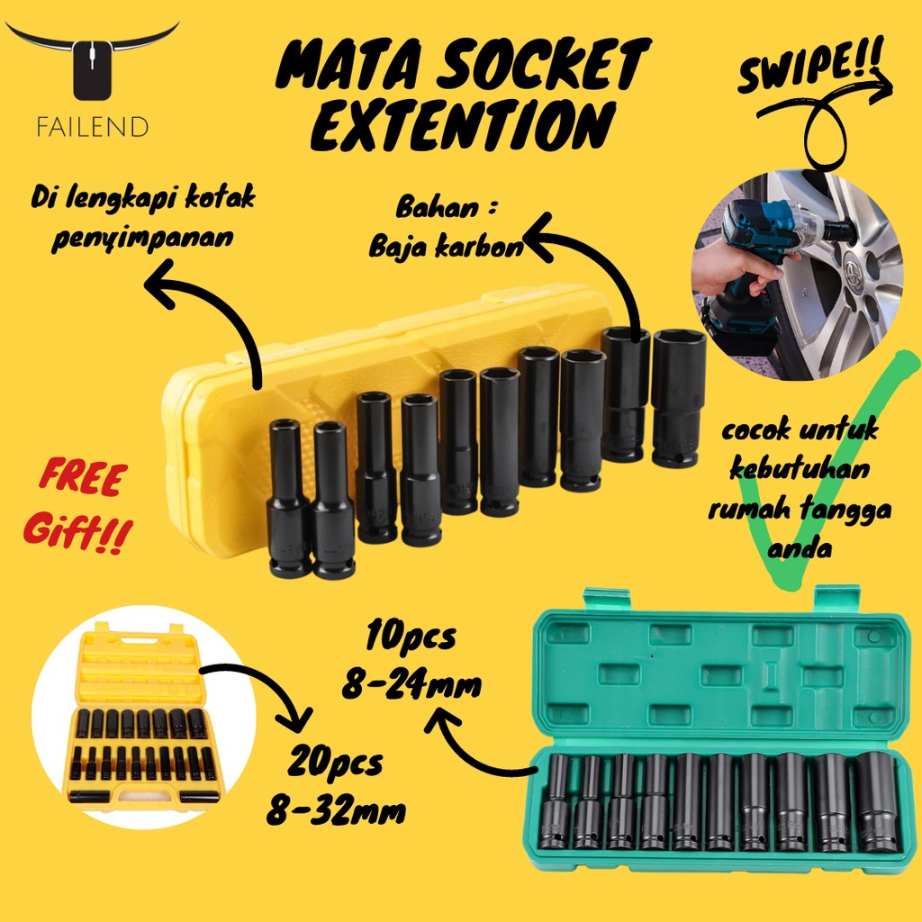 Mata Socket Extention Impact Socket 10 pcs 20 pcs 1/2 Inch Impact Socket Panjang 8mm - 24mm 8-32mm