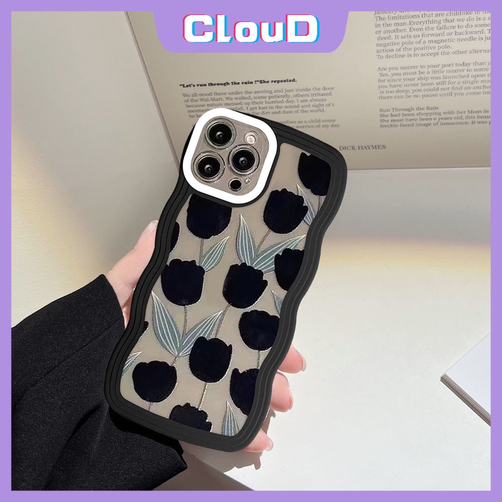 Oppo A17 A15 A16 A57 A95 A5s A96 A54 A74 A3s A16s A17K A55 A12 A76 A77s A77 A7 A1k A16K A53 A5 A9 2020 A52 Reno 8 7 7Z 8Z 6 A12E Soft Tpu Wavy Edge Retro Tulip Hitam Sarung Kembang