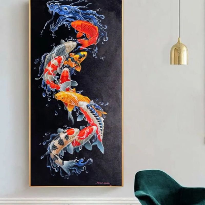 lukisan dinding ikan koi naga air modern ukuran 150x80cm