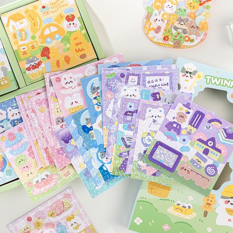 

1 LEMBAR stiker KILAP twinkling stars lovely world ukuran 6x6cm warna pastel dengan glitter the land of rainbow ruanruan adventure series adventurer tidak timbul lucu murah unik imut cute kawaii stickers bear for kids boy girl girly