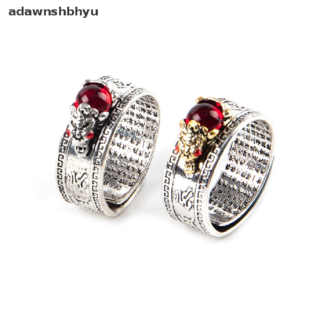 Adawnshbhyu 1 Pcs Cincin Pixiu Feng Shui Cina Vintage Perak Berlapis Hati Sutra Awan Keberuntungan Ukir Cincin Batu Merah Permata Pi Xiu Binatang Cincin Pria Wanita Jari Cincin Perhiasan Antik ID