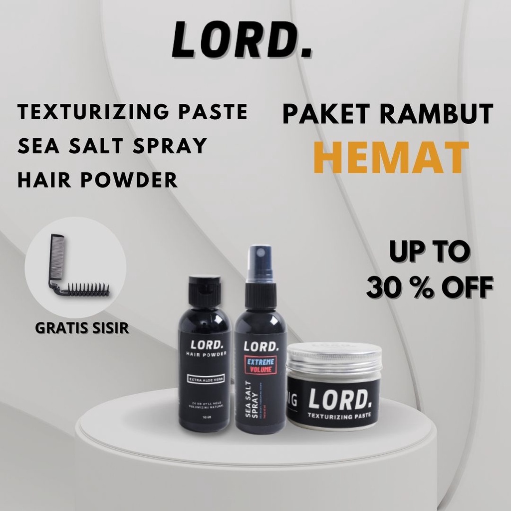 Lord Hair Powder Sea Salt Spray Texturizing Clay/Paste Paket Perawatan Rambut Pria Hemat Free Sisir