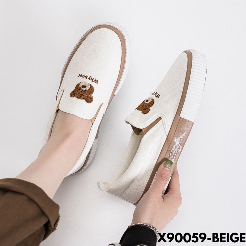 SEPATU LOAFERS WANITA KEKINIAN MOTIF BERUANG POPULER IMUT KESAN KEREN BAHAN CANVAS IMPORT 90059