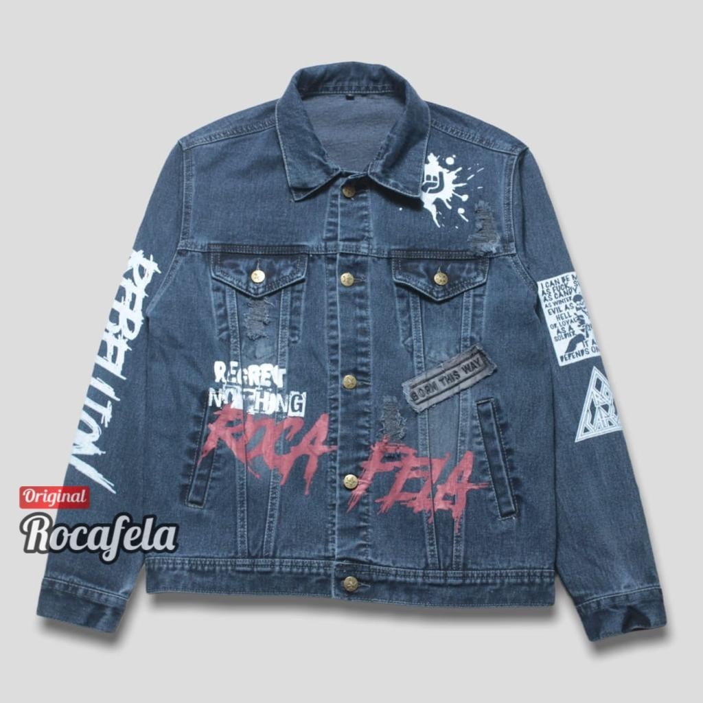 ROCAFELA Jaket Jeans Denim Grafity / Jaket Denim Coret / Jaket Jeans Sobek-Sobek