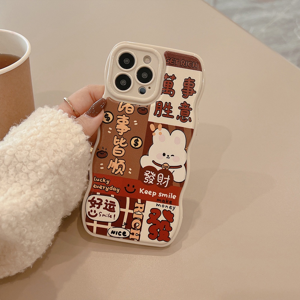 2023tahun Baru Cina Bergelombang Tepi Lucu Get Rich Rabbit Kartun Silikon Case Untuk Iphone 14 11 12 13 PRO MAX Casing Cover Pelindung