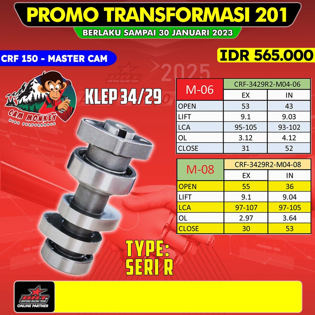MASTERCAM NOKEN AS CAMSHAFT MONKEY SERI R M-06 M-08 - HONDA CRF 150 - BRT BINTANG RACING TEAM