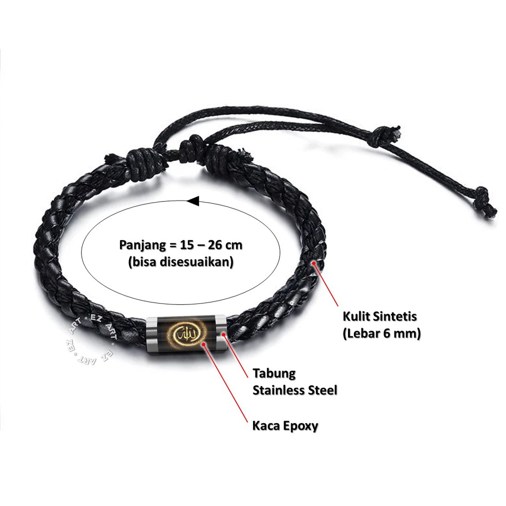 GELANG SIMPLE LAFADZ ALLAH MUHAMMAD TALI KULIT KEPANG GAMBAR KACA EPOXY TABUNG STAINLESS STEEL MUSLIM ISLAMI