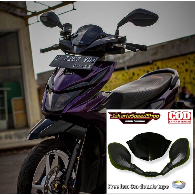 Paket visor universal model beat karbu plus kaca spion click hitam polos pnp beat new esp free double tape