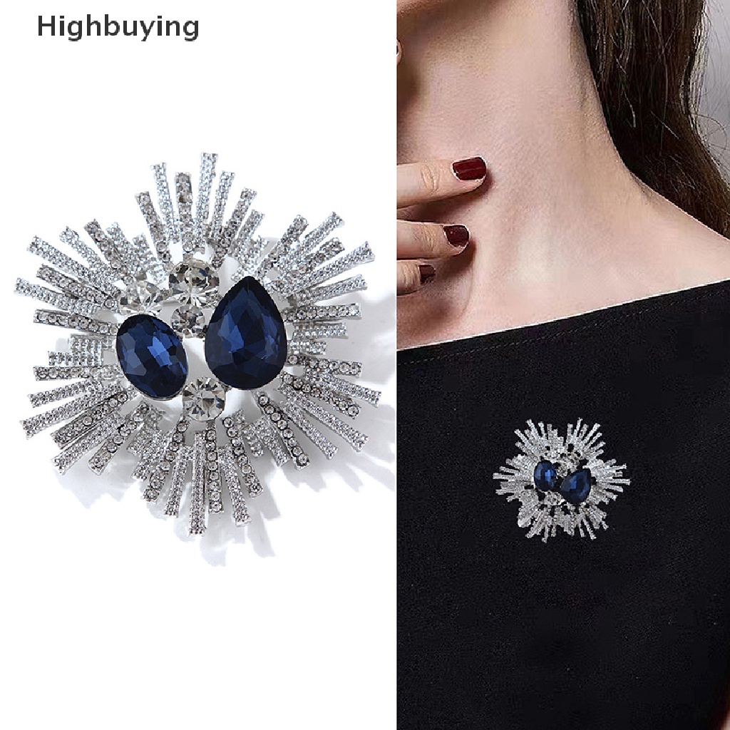 Hbid Retro Elegan Bunga Bros Retro Mode Biru Tua Kristal Pin Untuk Wanita Pakaian Perhiasan Accessries Glory