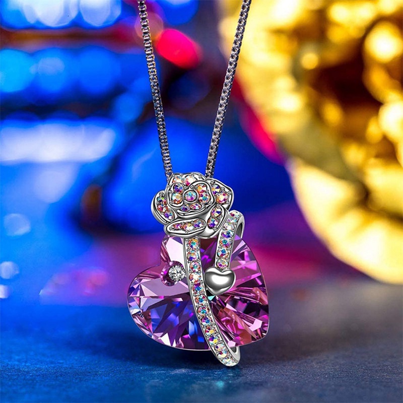 Elegan Fashion Wanita Kreatif Berbentuk Hati Kristal Mawar Kupu-Kupu Kalung Multicolor Cinta Berlian Bunga Liontin Engagement Necklace