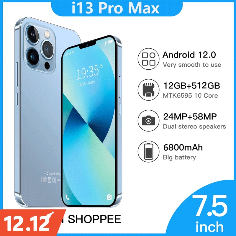 Phone Asli i13 Pro Max Android 12GB RAM + 512GB ROM Handphone Layar 7,5 inci Kamera HD Google Player