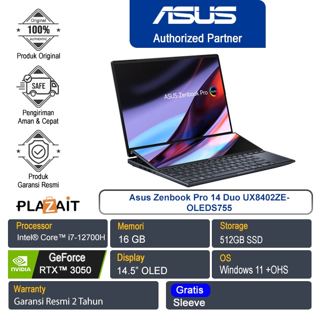 Asus Zenbook Pro Duo UX8402ZE-OLEDS755/Intel Core i7-12700H/16GB/512GB SSD/NVIDIA GeForce RTX 3050 Ti 4GB/14.5" OLED TS/Win11 Home + OHS/Tech Black/2Y