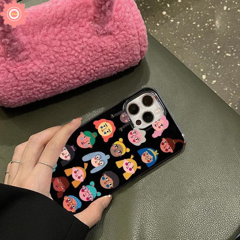 Ins Fashion Kreatif Kartun Lucu Avatar Case Kartun Kompatibel Untuk IPhone XR 7Plus 8Plus 11 14 13 12 Pro Max 7 8 14 Plus X XS Max SE 2020 Glossy Halus Lembut Tpu Hitam Cover