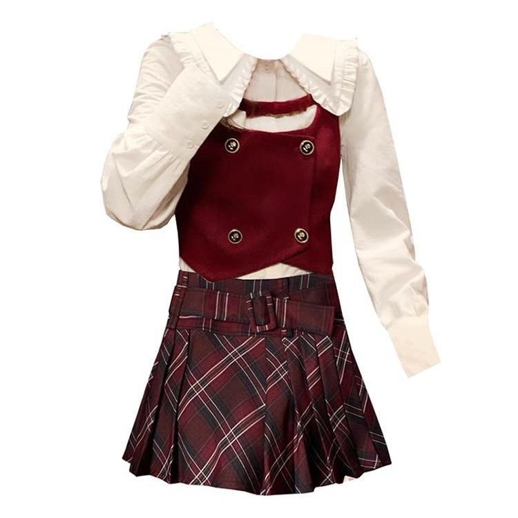 Boneka kerah peplum pinggang kemeja putih rompi dua potong gaya kuliah vintage