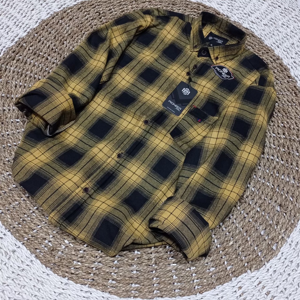 kemeja flanel pria lengan panjang hitam kuning premium quality