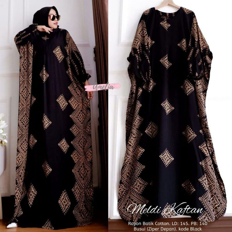 Kaftan Wanita - Daunda Kaftan Size Jumbo XXXXL Motif Daun Lengan Panjang Busui Resleting by Nadira_Fashion / Gamis Rayon Jumbo Kaftan Terbaru-Meldi hitam