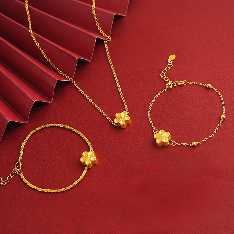 Goldkingdom Perhiasan Fashion Emas Asli Kadar 375 Bangkok Aksesoris Ready Stock Wanita Berlapis Emas Plum Gelang Kalung Liontin Wufu Yun Retro Kecerdikan