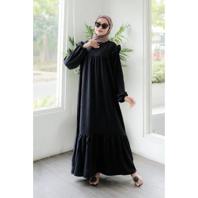 Mhia Cantika Dress Wanita Crinkle Airflow Premium Gamis Jumbo Ruffle Lengan Panjang Karet Baju Wanita Kekinian LD 120 cm