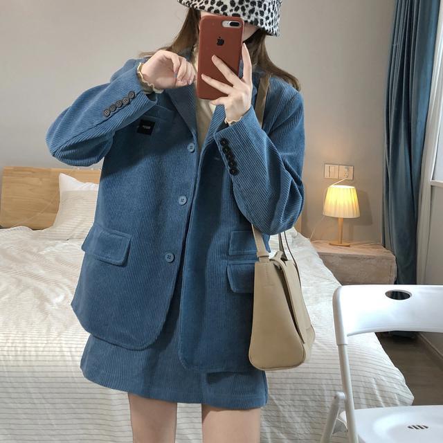 Suhao Setelan Dua Potong Musim Dingin Chic Western Blue Corduroy Suit Huruf Patch Jas Rok Pinggang Tinggi