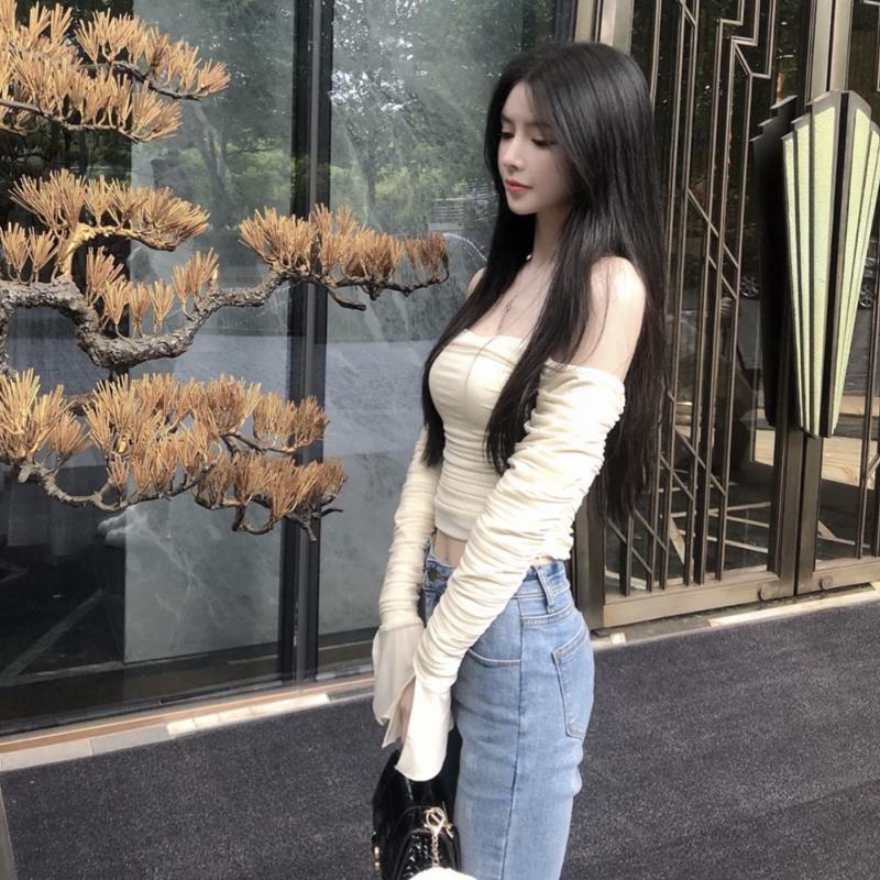 ☋☃♨Suhao awal musim semi mesh tipis one-shoulder top wanita 2022 baru susu kuning lipit slim fit lengan terompet t-shirt