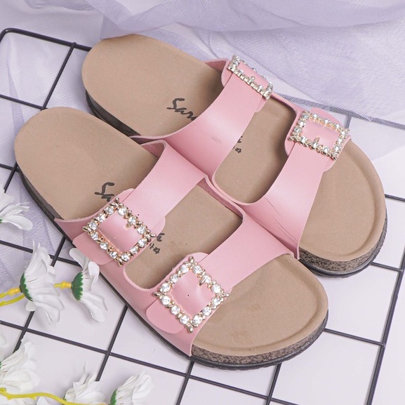 SARASARA YUK - KIMMY Sandal Wanita Slop Casual Size 36 - 41 Model Birken Sol Puyuh Sara Sara Sendal Cewek Kulit Santai Rumahan Strap Gesper dua Kristal Blink Empuk 37 38 39 40 Warna Pink Salem SOft Selop Anti Slip Original Shoes ORI Mall Official Store