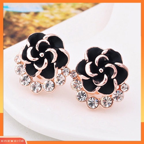 [WONE] Wanita Peony Camellia Bunga Berlian Imitasi Alloy Ear Stud Earrings Perhiasan Pesta