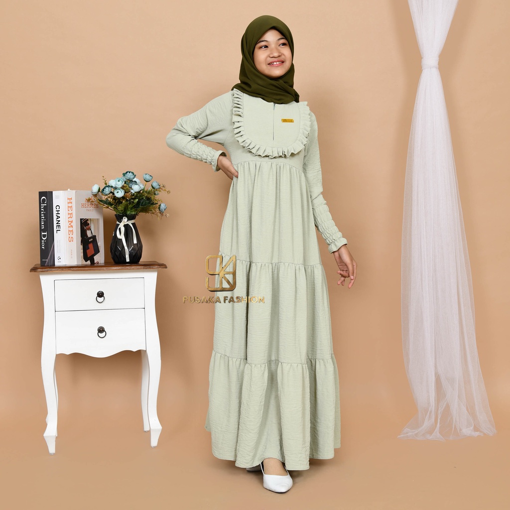 VINA KIDS GAMIS cringkle ANAK perempuan remaja tanggung 9-17 tahun fashion muslim longdress KID girl serut susun modern premium warna putih tulang pink fuchia sage green hitam bata mocca lemon olive broken white gamis putih manasik haji mengaji terbaru