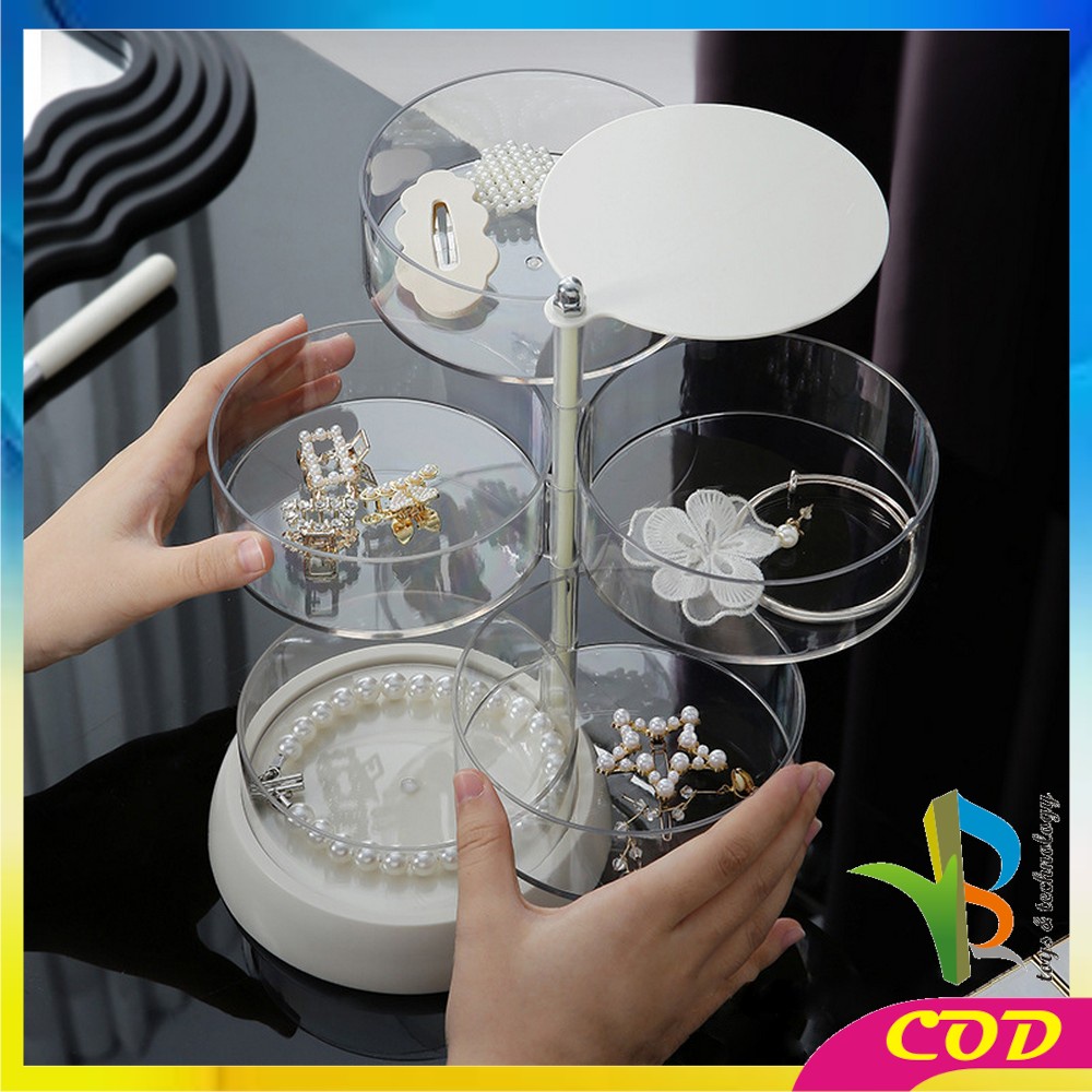 RB-K139 Kotak Perhiasan Putar Rak kalung Cincin Ikat Rambut Transparan Anti Debu / Tempat Penyimpanan Box Bulat Perhiasan Aksesoris Wanita