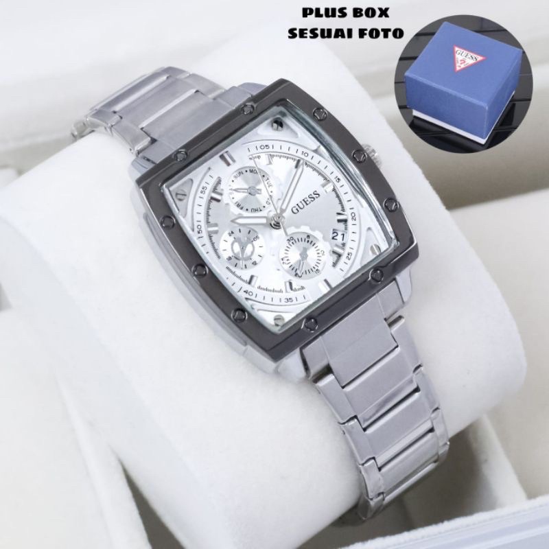 (Grosir)Jam Tangan Wanita Fashion Gues Kota Model AC Tanggal Aktif Crono Strap Rantai/Stell(COD)