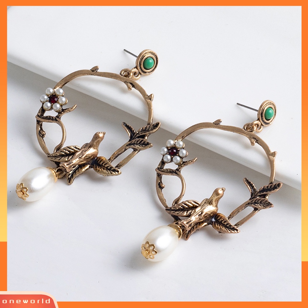 [WONE] Retro Wanita Garland Drop Bunga Burung Mutiara Imitasi Ear Stud Earrings Perhiasan Pesta