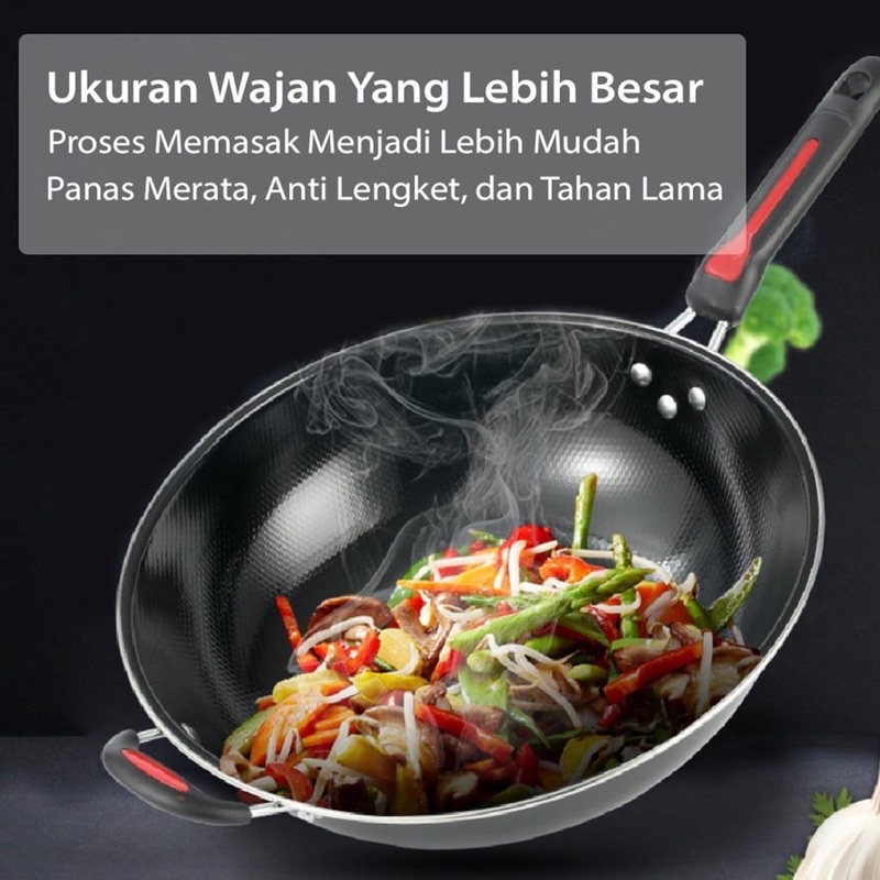 Wajan Enamel Gagang Panjang List Merah 32/34CM - Teflon Tebel Tahan Api -  Fry Pan Hitam Cekung Anti Lengket - Wook Pan Jumbo Penggorengan Hiqh Quality