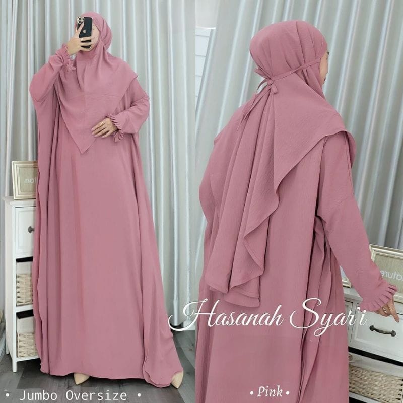 Gamis Syari Terbaru 2022 Set Khimar Hasanah Kaftan Syari Gamis Abaya Crinkle AirFlow Baju Kondangan Wanita Setelan Jumbo