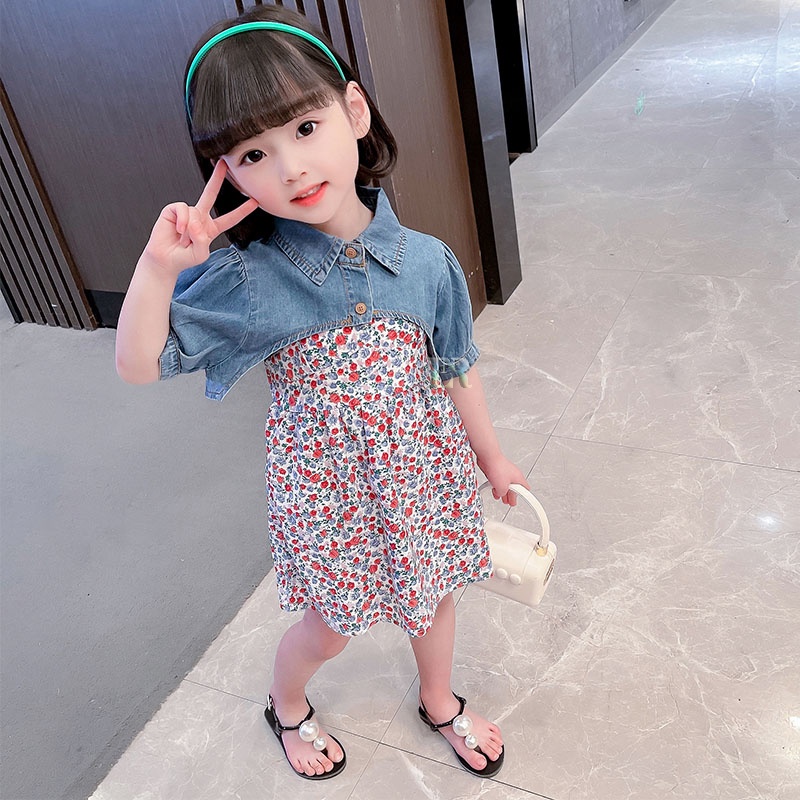 LNR Shop Dress Tanpa Lengan + Denim Crop Top Import Setelan Anak Perempuan Motil Floral Bunga Dress Rok Tanggung Summer Girl Suit Outer Jeans Gaun