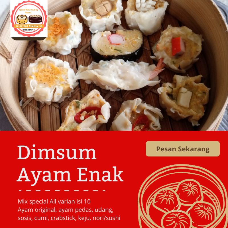 

Dimsum Halal Siomay Ayam Mix Special All Varian Udang Sosis Crabstick Cumi Keju Nori dan Ayam Pedes