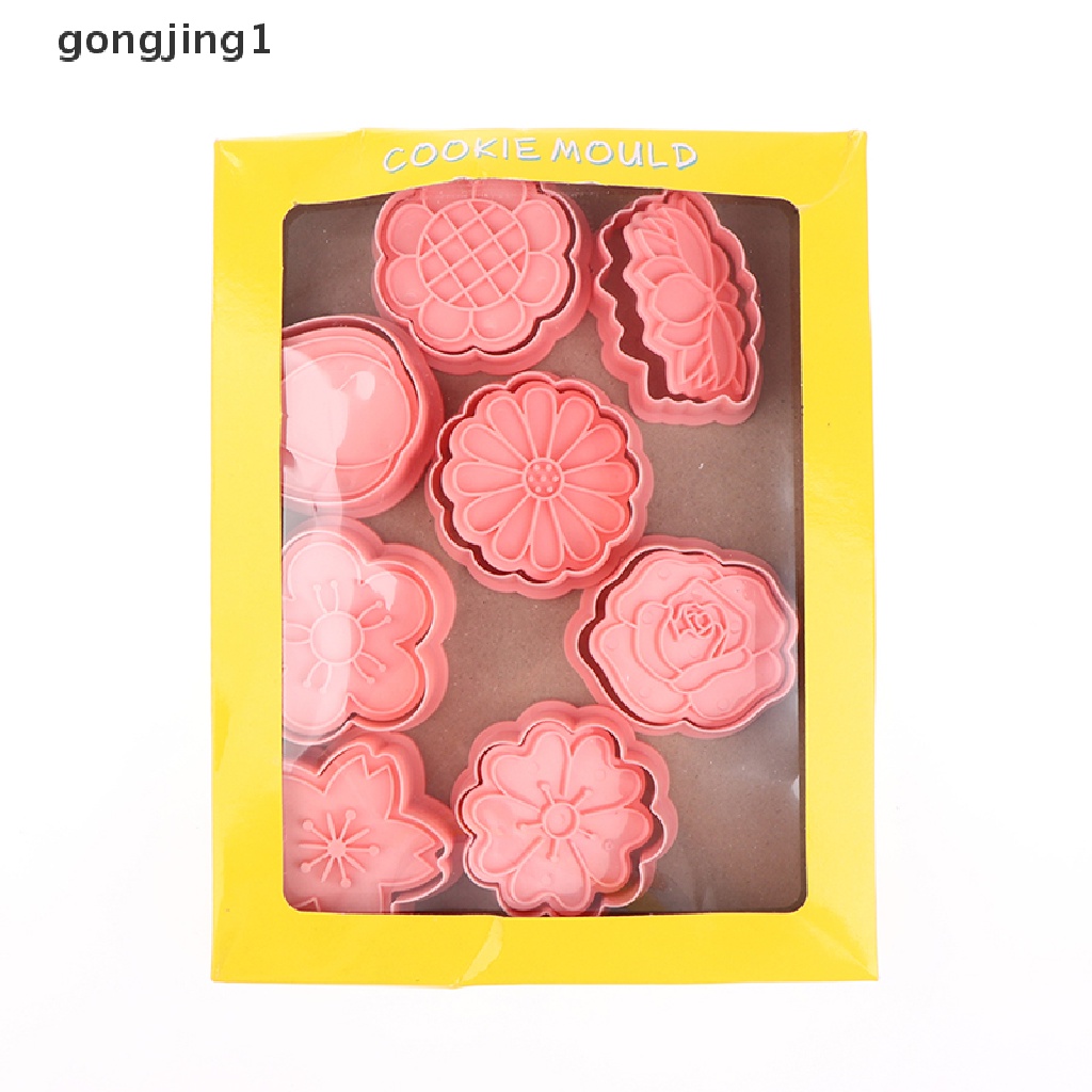 Ggg 8Pcs /Set Bentuk Bunga Pemotong Kue Kering 3D Plastik Biskuit Cetakan Cookie Stamp DIY Fondant Cetakan Kue Dapur Baking Pastry Bakeware Cookie Press Mold ID