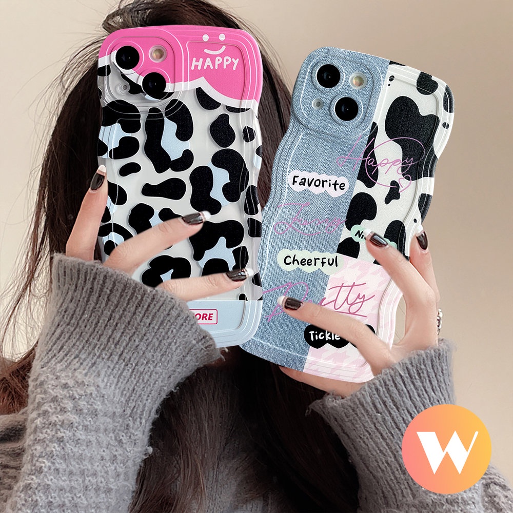 IPHONE Fashion Leopard Print Soft Tpu Case Kompatibel Untuk Iphone11 Pro Max XR 7Plus X XS Max7 8 6s 6 14 Plus 12 11 13 14 Pro Max SE 2020 Denim Patch Splicing Lucu Smiley Cover