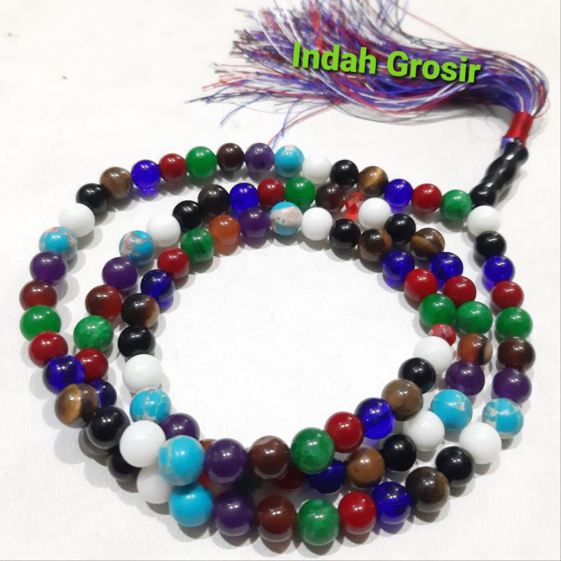 Tasbih Batu 8mm 99Butir Combinasi 9 1Whit onex 2 Black onex 3 Ket aye 4 Safir 5 Marjan 6 Giok burma 7 Aki yaman 8 Kecubung 9 Pirus nivada