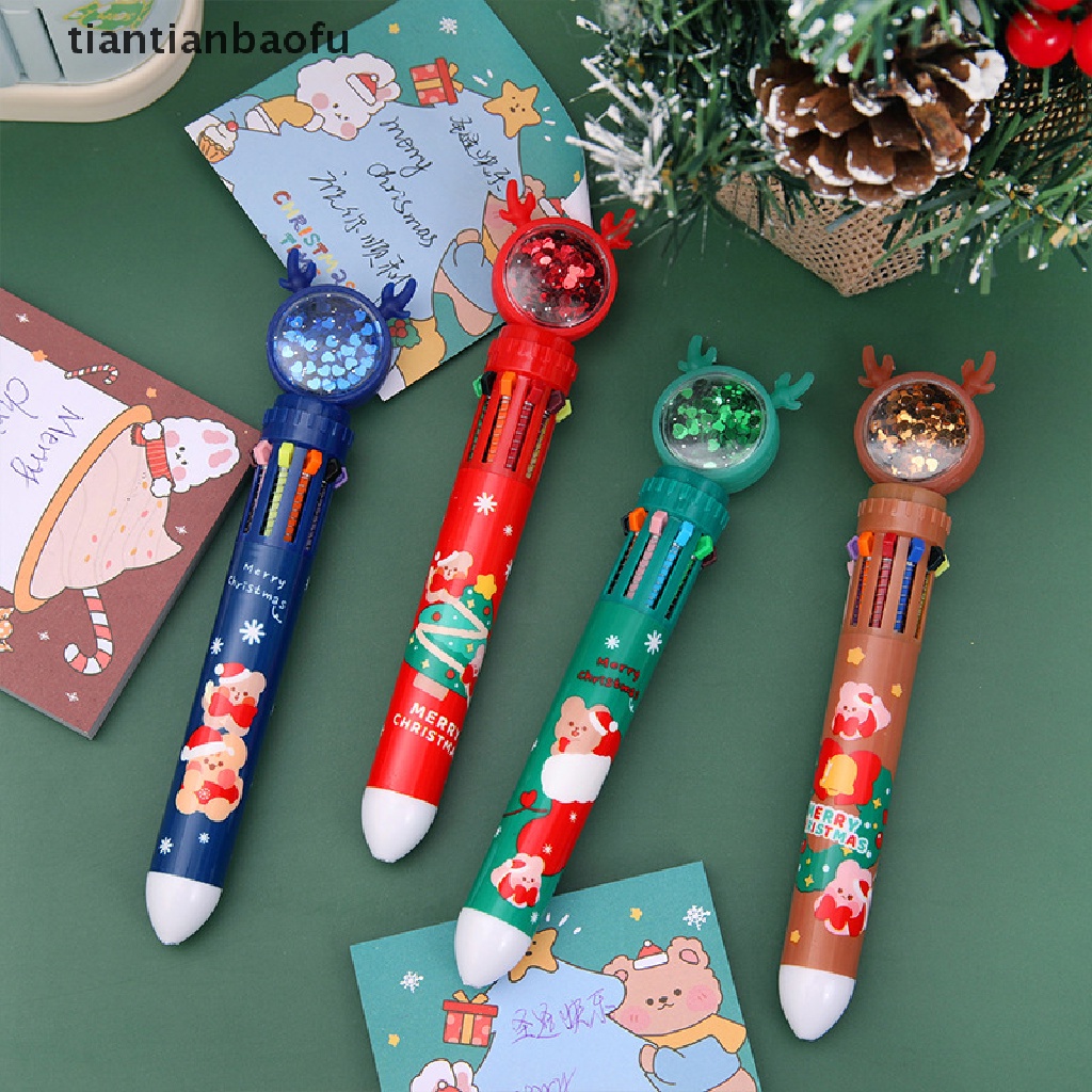 [tiantianbaofu] Kartun Warna-Warni Pena Santa Claus Xmas Pohon Natal Elk Sepuluh Warna Bola Pen Wrig Alat Kantor Sekolah Supply Merry Christmas Hadiah Butik