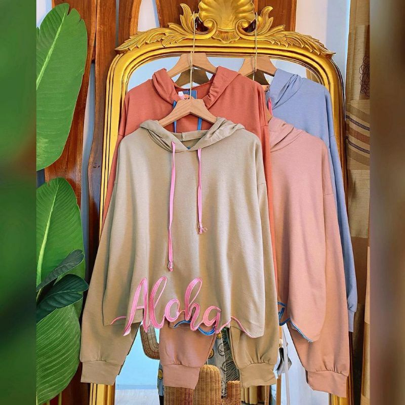 Aloha Hoodie, ATASAN HOODIE WANITA JUMBO CANTIK MODIS FIT XXXL LD 120-134 BAHAN BABYTERRY IMPORT TERMURAH OOTD TERLARIS