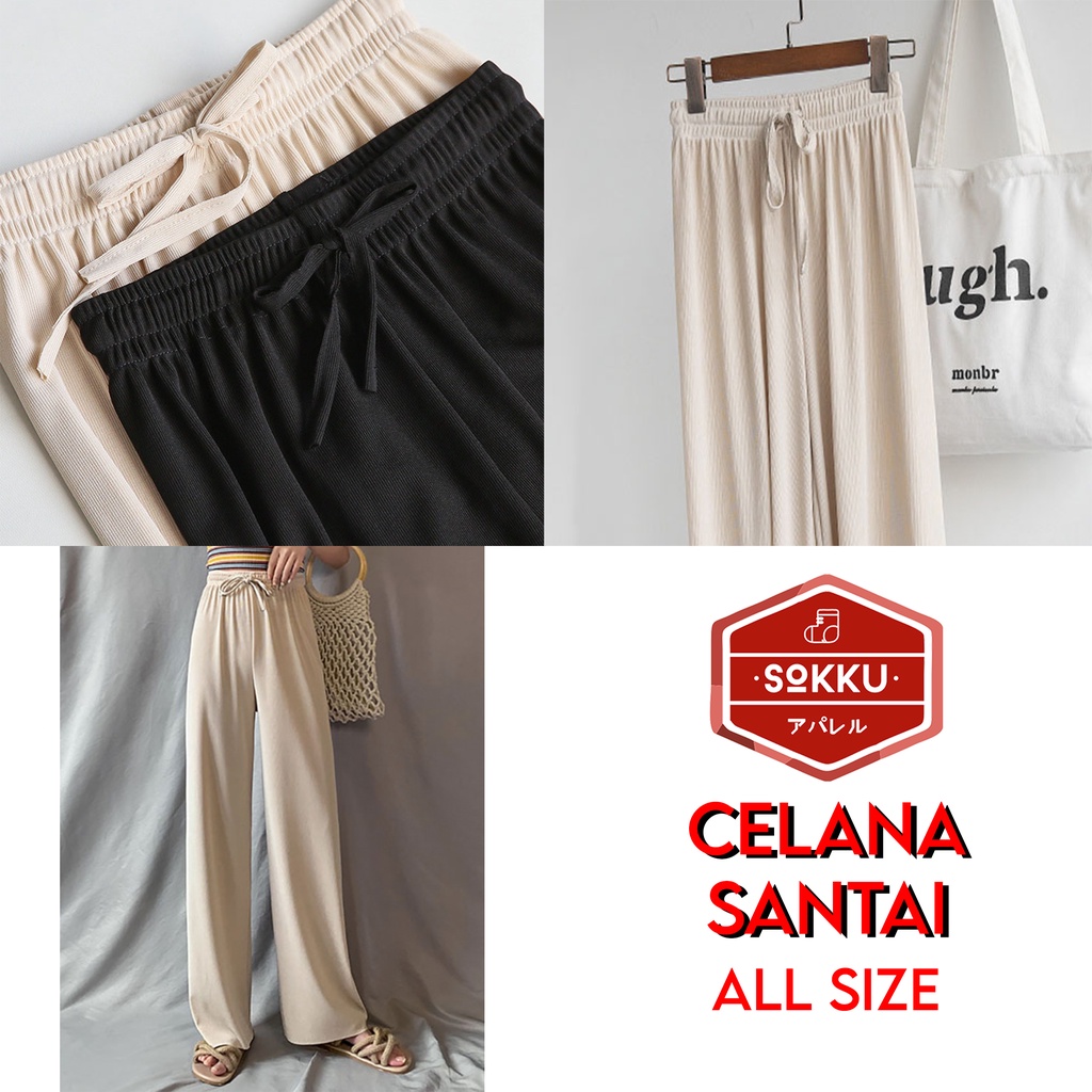 Celana Panjang Santai Wanita Long Pants Polos Pinggang Karet All Size