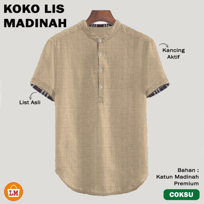 Baju Koko Pria Muslim LIS MADINAH Katun Adem Lengan Pendek Big Size M-2XL LMS 30147