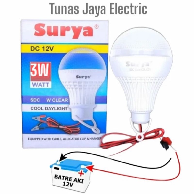 Bohlam Lampu LED 3W 12VDC + Kabel Jepit Aki SURYA