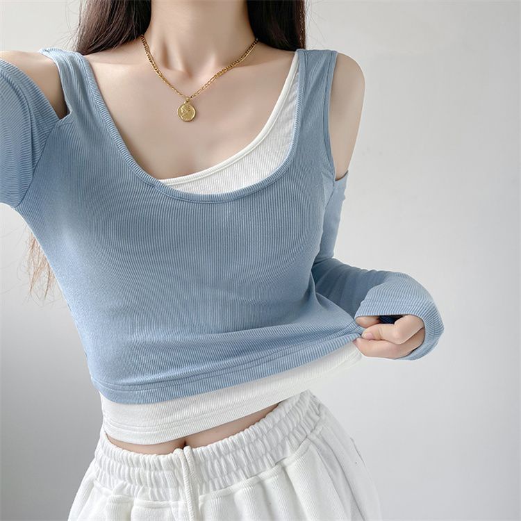 ♚۩Suhao Eropa dan Amerika berlapis off-the-shoulder palsu dua potong lengan panjang t-shirt wanita musim semi dan musim gugur rasa desain pendek kelompok wanita menari jazz ins top