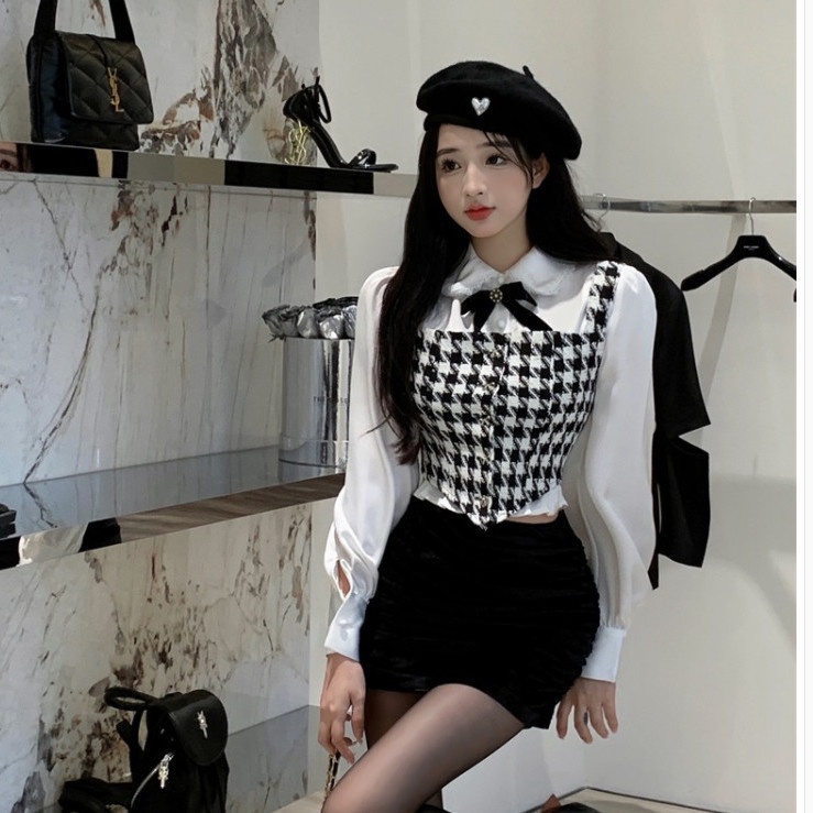 Suhao One-Piece Suit Wanita Fashion Slim Pakaian Luar Houndstooth Top Awal Musim Gugur Gaya Selebriti Pendek Slim Bawah Kemeja