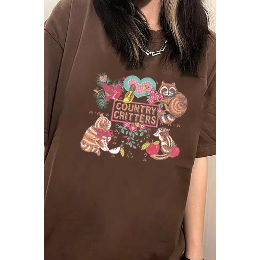 XIAOZHAINV Kaos Atasan Wanita Squirrel Pattern Lengan Pendek A0024