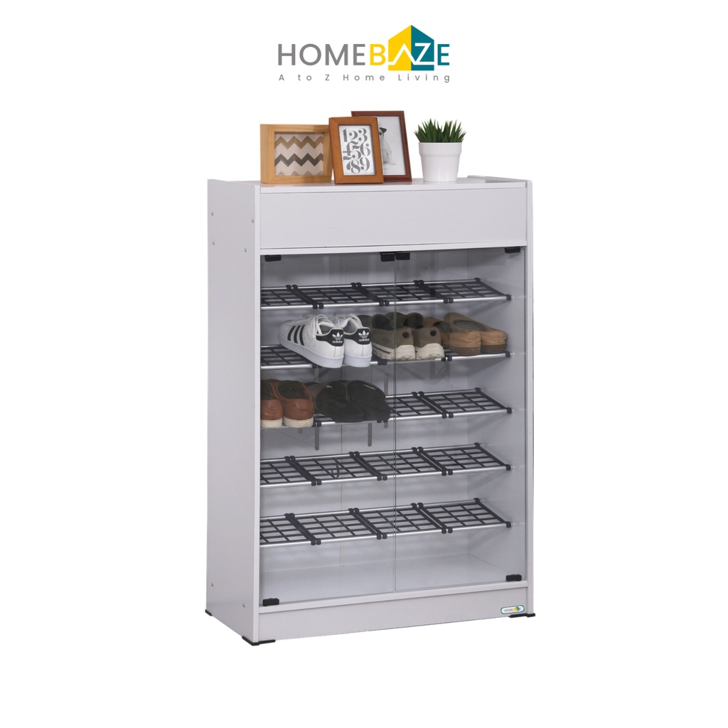 Homebaze - Lemari Sepatu Kaca Putih Minimalis Rendah dan Tinggi