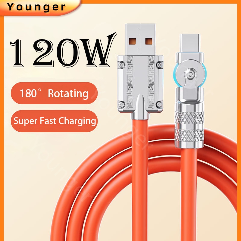 180°Berputar 120W Kabel Charge Super Cepatyp 6A Silikon Cair USB Ke Te C Charge Kawat Untuk Jalur Pengisian Ponsel Tipe C