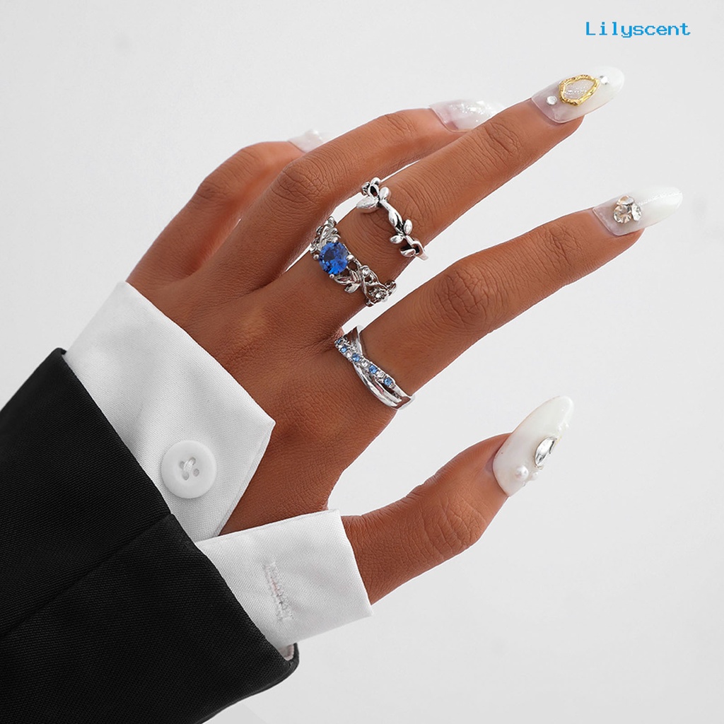 [LS]3Pcs Wanita Cincin Bunga Perhiasan Permata Imitasi Bersinar Stackable Knuckle Rings Untuk Pesta Perjamuan Prom