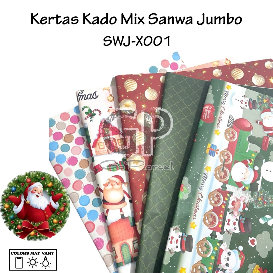 ( 5 Lembar 5 Motif ) JUMBO MIX NATAL SANWA - KERTAS KADO CHRISTMAS SANSAN WAWA - GIFT WRAPPING PAPER HANUKKAH / XMAS / POHON NATAL SNOWMAN SANTA CLAUS WHITE RED GREEN GOLD SILVER COLORS SET FULL DOFF